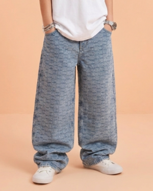Grid Pattern Baggy Jeans