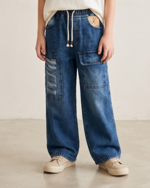 Distressed Utility Pocket Wide-Leg Denim Pants